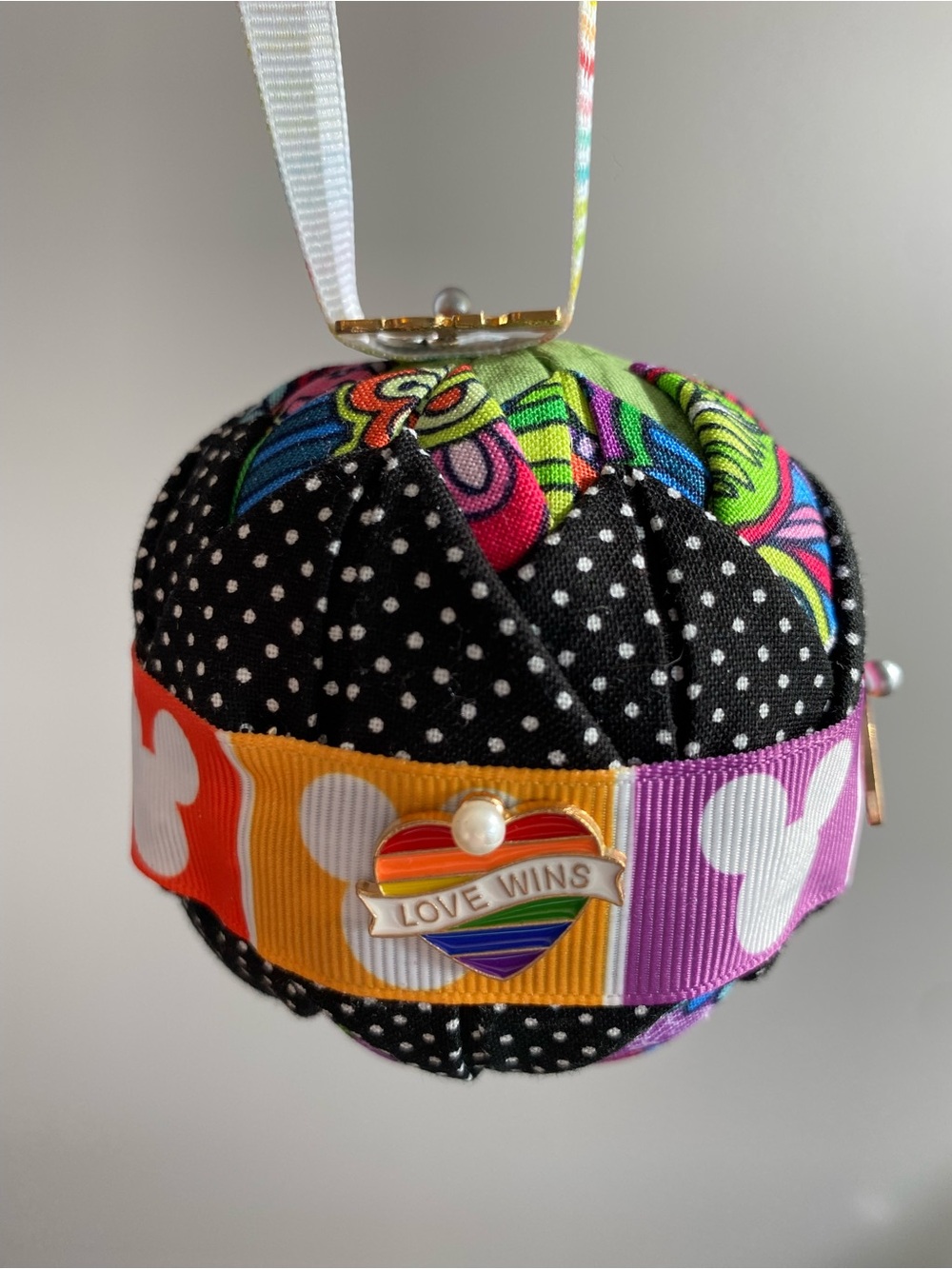 Pride Hand Crafted Ornament with Mickey, charms, 3 fabrics, 4” ball 10”diameter